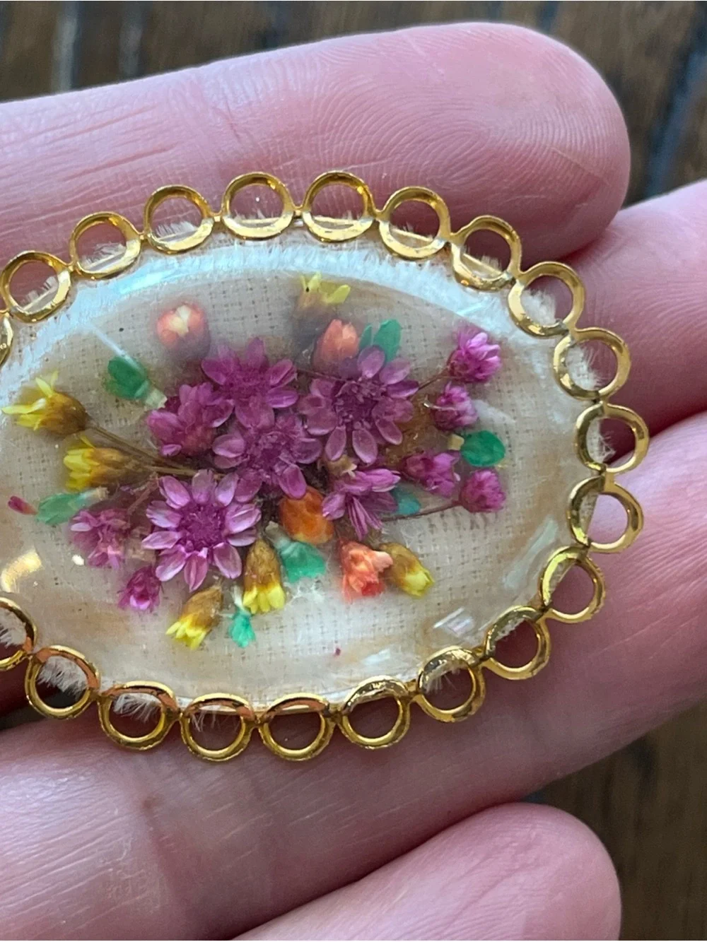 Floral Resin Gold-Tone Oval Brooch - Pink & Yellow Flowers